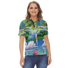 Swan Bird Spring Flowers Trees Lake Pond Landscape Original Aceo Painting Art Women s Short Sleeve Double Pocket Shirt