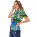 Swan Bird Spring Flowers Trees Lake Pond Landscape Original Aceo Painting Art Women s Short Sleeve Double Pocket Shirt View3