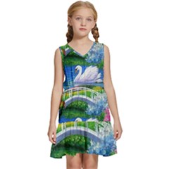 Swan Bird Spring Flowers Trees Lake Pond Landscape Original Aceo Painting Art Kids  Sleeveless Tiered Mini Dress by Ket1n9