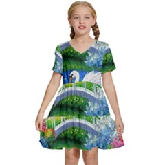 Swan Bird Spring Flowers Trees Lake Pond Landscape Original Aceo Painting Art Kids  Short Sleeve Tiered Mini Dress by Ket1n9