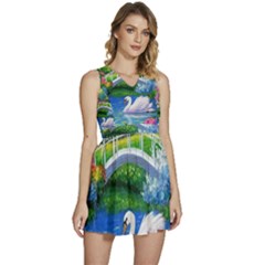 Swan Bird Spring Flowers Trees Lake Pond Landscape Original Aceo Painting Art Sleeveless High Waist Mini Dress by Ket1n9