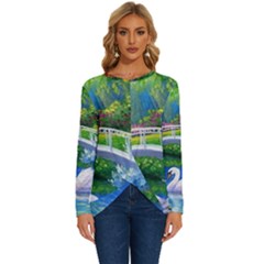 Swan Bird Spring Flowers Trees Lake Pond Landscape Original Aceo Painting Art Long Sleeve Crew Neck Pullover Top by Ket1n9