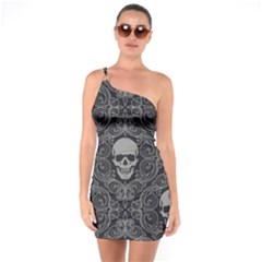 Dark Horror Skulls Pattern One Shoulder Ring Trim Bodycon Dress by Ket1n9