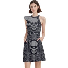 Dark Horror Skulls Pattern Cocktail Party Halter Sleeveless Dress With Pockets