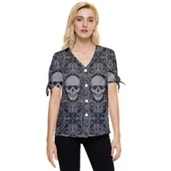 Dark Horror Skulls Pattern Bow Sleeve Button Up Top by Ket1n9