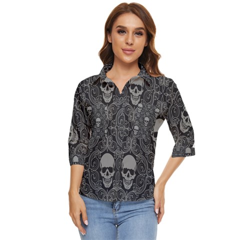 Dark Horror Skulls Pattern Women s Quarter Sleeve Pocket Shirt by Ket1n9