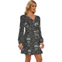 Dark Horror Skulls Pattern Long Sleeve Waist Tie Ruffle Velvet Dress View3