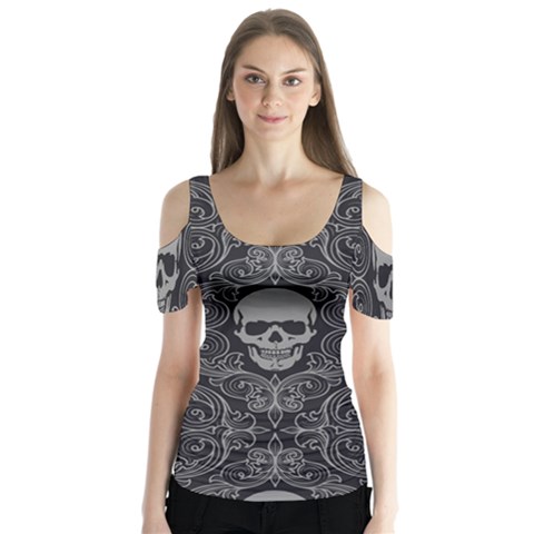 Dark Horror Skulls Pattern Butterfly Sleeve Cutout T-shirt  by Ket1n9