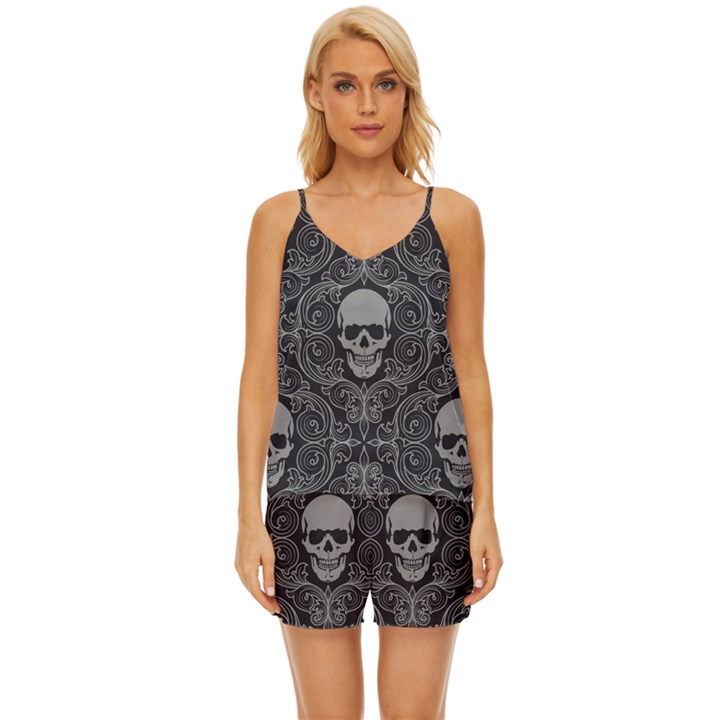 Dark Horror Skulls Pattern V-Neck Satin Pajamas Set