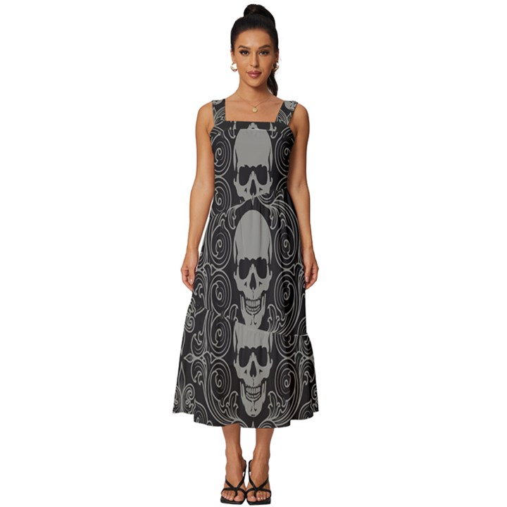 Dark Horror Skulls Pattern Square Neckline Tiered Midi Dress