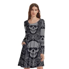 Dark Horror Skulls Pattern Long Sleeve Knee Length Skater Dress With Pockets by Ket1n9