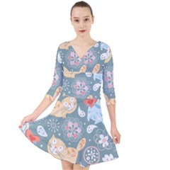 Cute Cat Background Pattern Quarter Sleeve Front Wrap Dress by Ket1n9