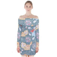 Cute Cat Background Pattern Long Sleeve Off Shoulder Dress by Ket1n9