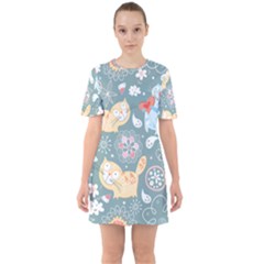 Cute Cat Background Pattern Sixties Short Sleeve Mini Dress by Ket1n9