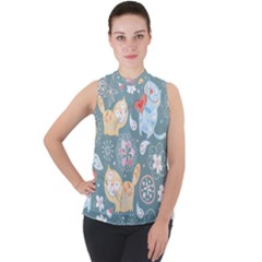 Cute Cat Background Pattern Mock Neck Chiffon Sleeveless Top by Ket1n9