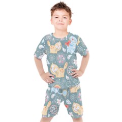 Cute Cat Background Pattern Kids  T-shirt And Shorts Set by Ket1n9