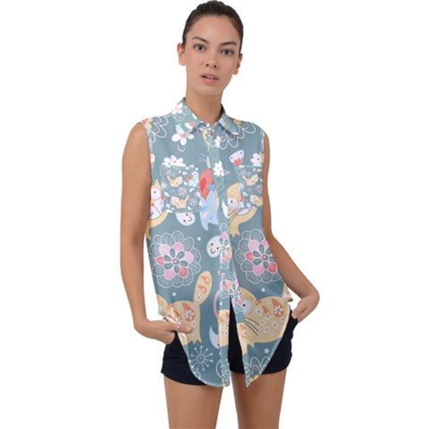 Cute Cat Background Pattern Sleeveless Chiffon Button Shirt by Ket1n9