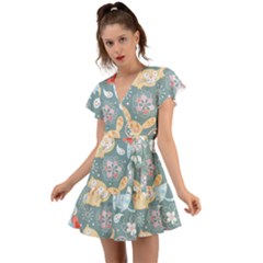 Cute Cat Background Pattern Flutter Sleeve Wrap Dress by Ket1n9