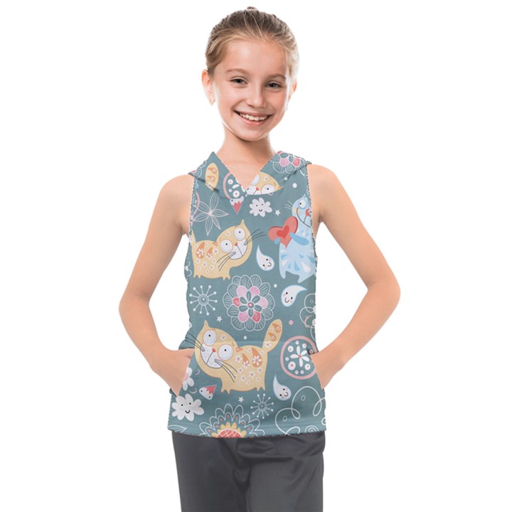 Cute Cat Background Pattern Kids  Sleeveless Hoodie