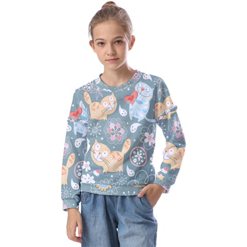 Cute Cat Background Pattern Kids  Long Sleeve T-shirt With Frill  by Ket1n9