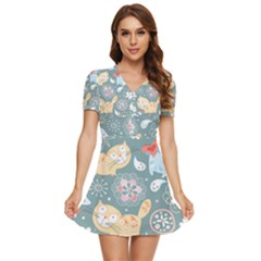 Cute Cat Background Pattern V-neck High Waist Chiffon Mini Dress by Ket1n9