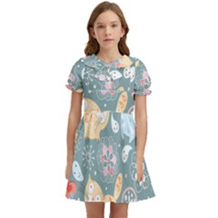 Cute Cat Background Pattern Kids  Bow Tie Puff Sleeve Dress by Ket1n9