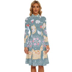 Cute Cat Background Pattern Long Sleeve Shirt Collar A-line Dress by Ket1n9