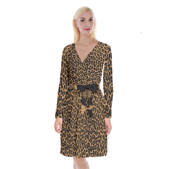 Tiger Skin Art Pattern Long Sleeve Velvet Front Wrap Dress