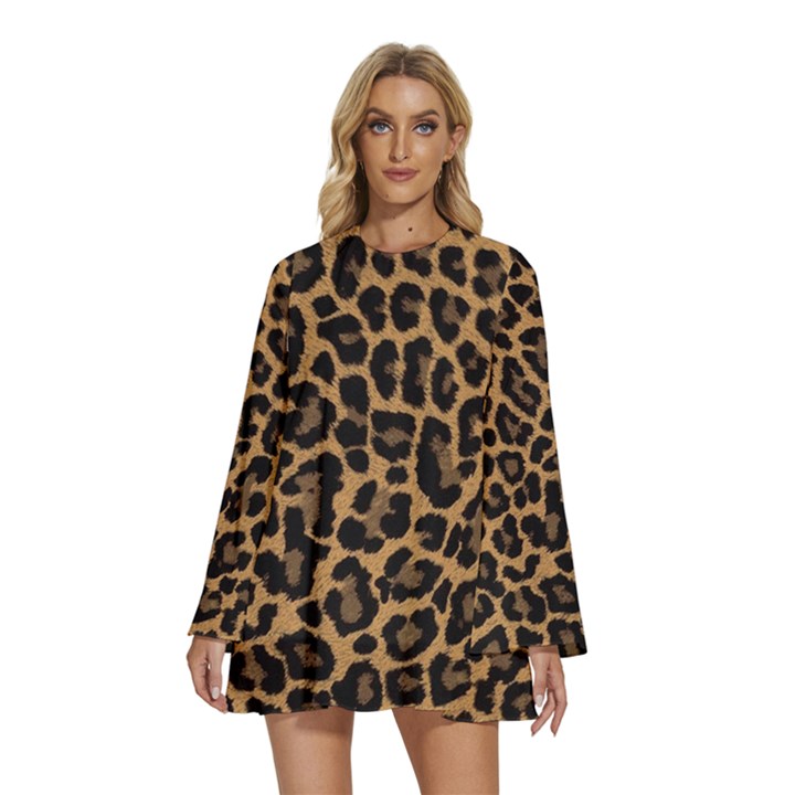 Tiger Skin Art Pattern Round Neck Long Sleeve Bohemian Style Chiffon Mini Dress