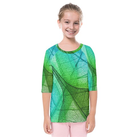 Sunlight Filtering Through Transparent Leaves Green Blue Kids  Quarter Sleeve Raglan T-shirt by Ket1n9