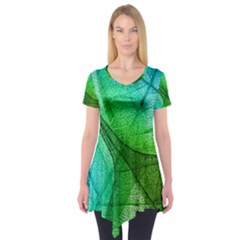 Sunlight Filtering Through Transparent Leaves Green Blue Short Sleeve Tunic  by Ket1n9