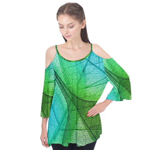 Sunlight Filtering Through Transparent Leaves Green Blue Flutter Sleeve T-shirt  by Ket1n9