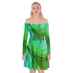 Sunlight Filtering Through Transparent Leaves Green Blue Off Shoulder Skater Dress by Ket1n9