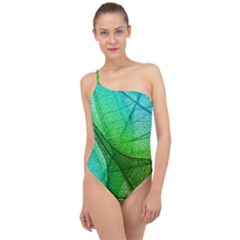 Sunlight Filtering Through Transparent Leaves Green Blue Classic One Shoulder Swimsuit by Ket1n9