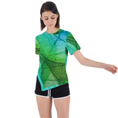 Sunlight Filtering Through Transparent Leaves Green Blue Asymmetrical Short Sleeve Sports T-shirt by Ket1n9