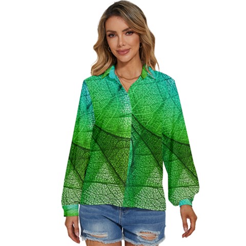 Sunlight Filtering Through Transparent Leaves Green Blue Women s Long Sleeve Button Up Shirt by Ket1n9