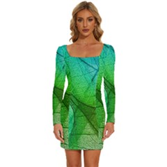 Sunlight Filtering Through Transparent Leaves Green Blue Long Sleeve Square Neck Bodycon Velvet Dress by Ket1n9