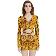 Yellow Chevron Zigzag Pattern Velvet Wrap Crop Top And Shorts Set by Ket1n9