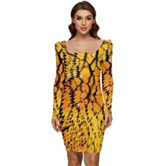 Yellow Chevron Zigzag Pattern Women Long Sleeve Ruched Stretch Jersey Dress by Ket1n9