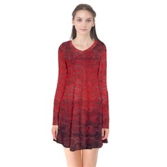 Red Grunge Texture Black Gradient Long Sleeve V-neck Flare Dress by Ket1n9