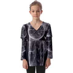 Space Universe Earth Rocket Kids  V Neck Casual Top