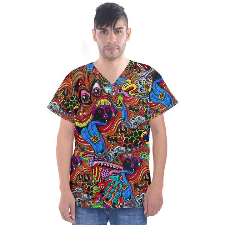 Art Color Dark Detail Monsters Psychedelic Men s V-Neck Scrub Top