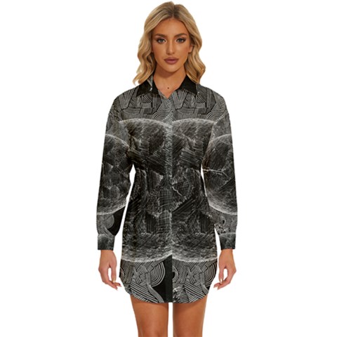 Space Universe Earth Rocket Womens Long Sleeve Shirt Dress by Ket1n9