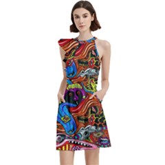 Art Color Dark Detail Monsters Psychedelic Cocktail Party Halter Sleeveless Dress With Pockets by Ket1n9