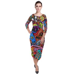 Art Color Dark Detail Monsters Psychedelic Quarter Sleeve Midi Velour Bodycon Dress by Ket1n9