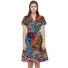 Art Color Dark Detail Monsters Psychedelic Short Sleeve Waist Detail Dress by Ket1n9