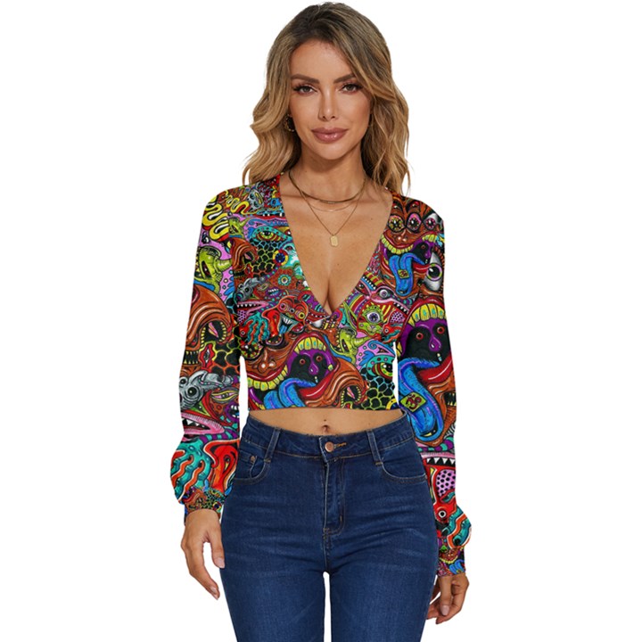 Art Color Dark Detail Monsters Psychedelic Long Sleeve Deep-V Velour Top