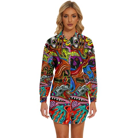 Art Color Dark Detail Monsters Psychedelic Womens Long Sleeve Shirt Dress by Ket1n9