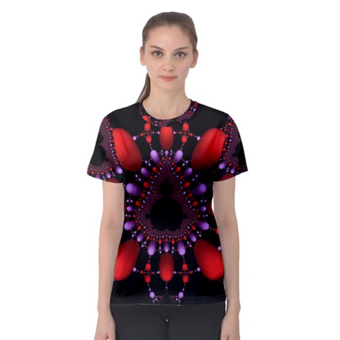 Fractal Red Violet Symmetric Spheres On Black Women s Sport Mesh T-shirt by Ket1n9