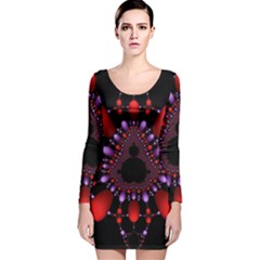 Fractal Red Violet Symmetric Spheres On Black Long Sleeve Velvet Bodycon Dress by Ket1n9